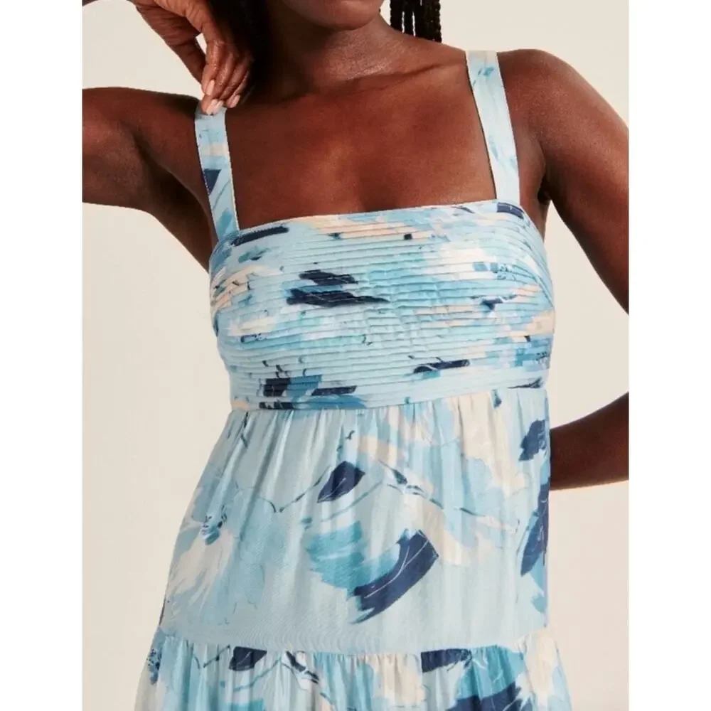 Abercrombie & Fitch Blue Print Ruched Tiered Babydoll Maxi Dress Size S NWT